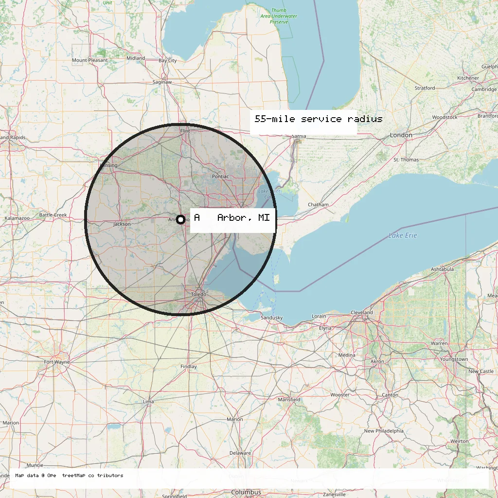 Map showing Ann Arbor, Michigan at the center of QH Auto Service’s approximate 55-mile service radius