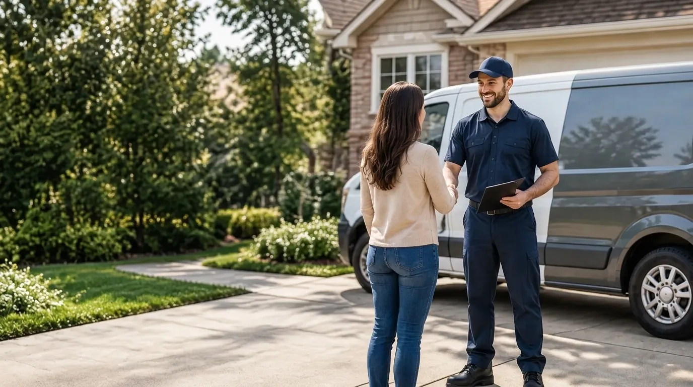 Mobile mechanic meeting a customer in her driveway